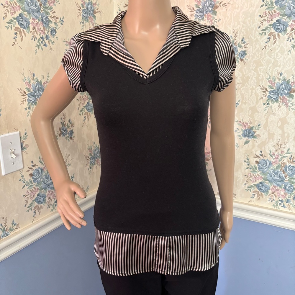 Papaya Black and White Fitted Cap Sleeve Blouse, Size S